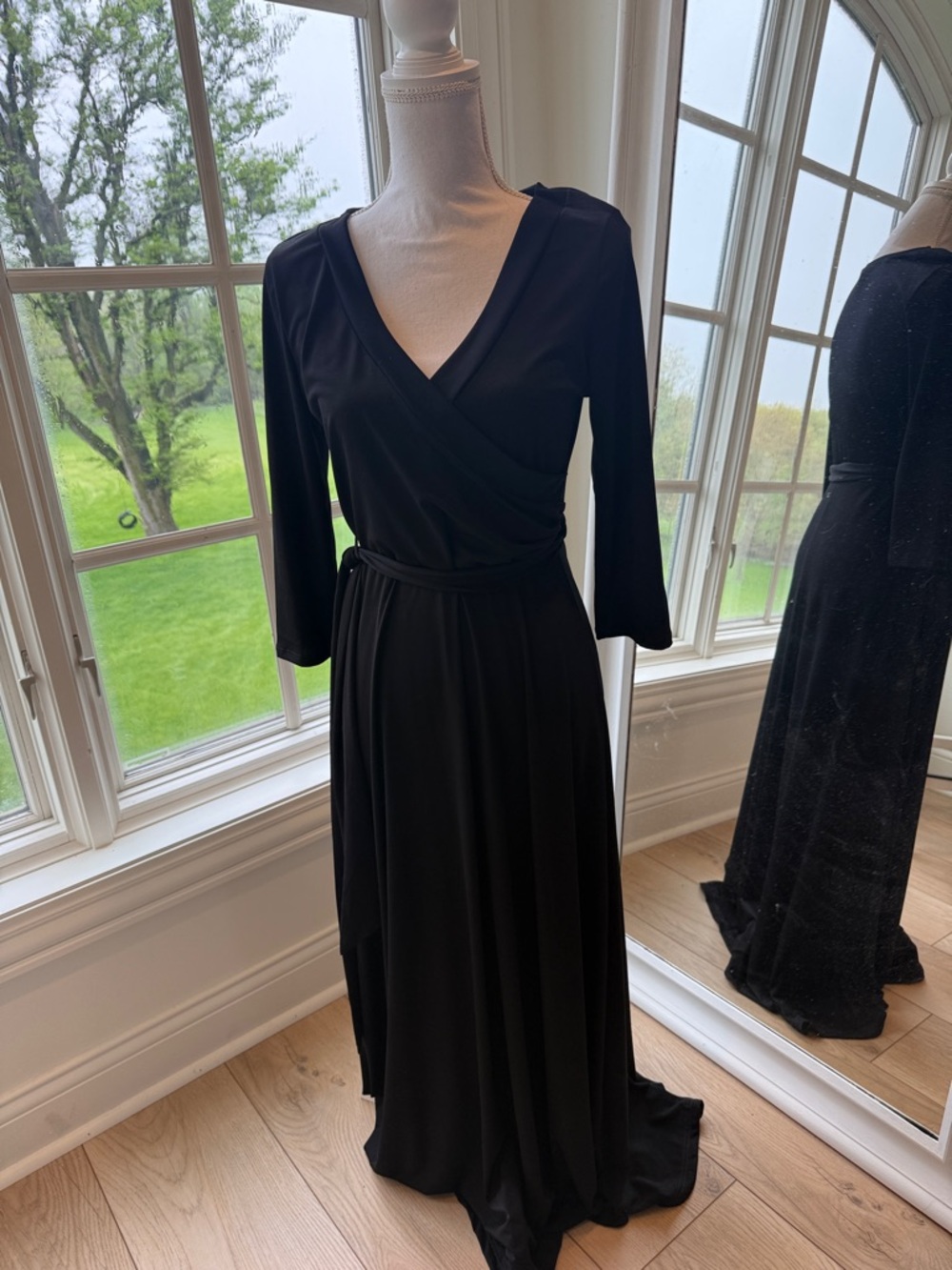 Worn once! Classic Black Wrap Maxi Dress - Elegant V-Neck Long Sleeve